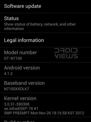 Samsung Galaxy Note 2 GT-N7100 Gets Android 4.1.2 JB Update - Screenshot of Android 4.2.1 Jelly Bean Firmware Details - Droid Views