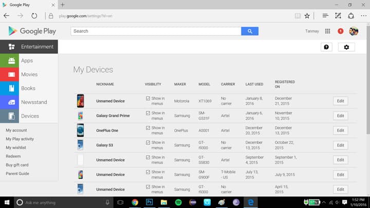 registerd device in the play store