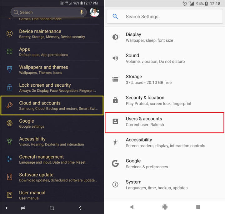 Settings accounts android