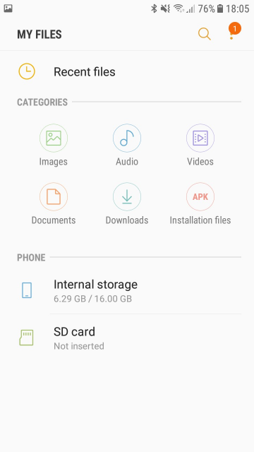 Samsung Galaxy J7 Prime Recent Files screen