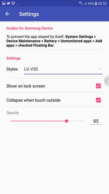 floating bar app settings