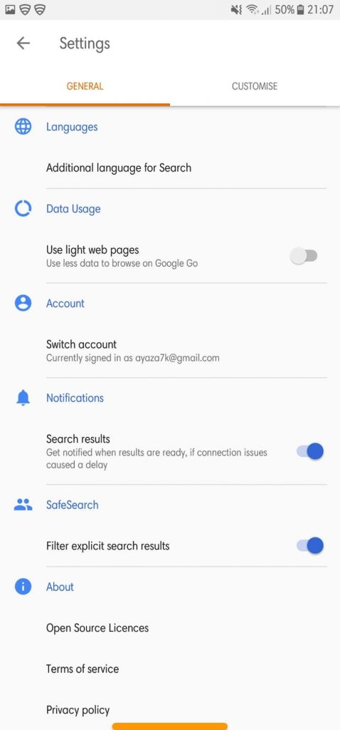 Google Go settings