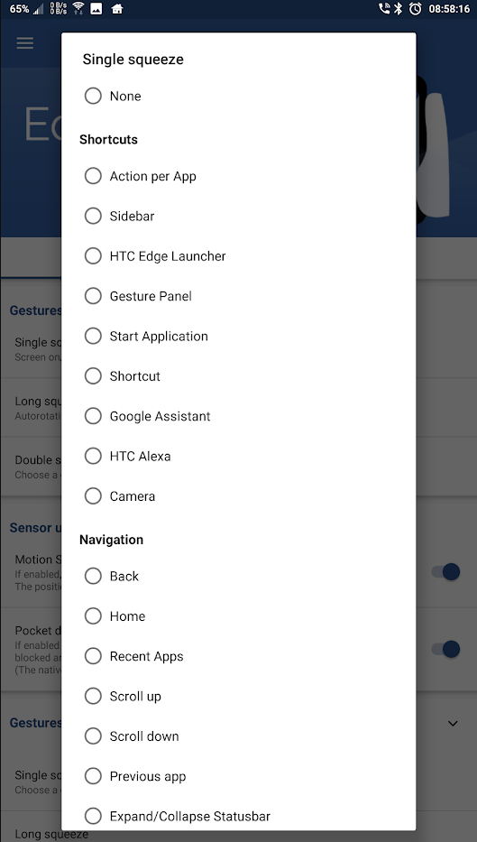 Options for setting custom actions on Edge Sense Plus