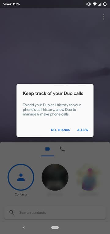 Google Duo call history from dialer