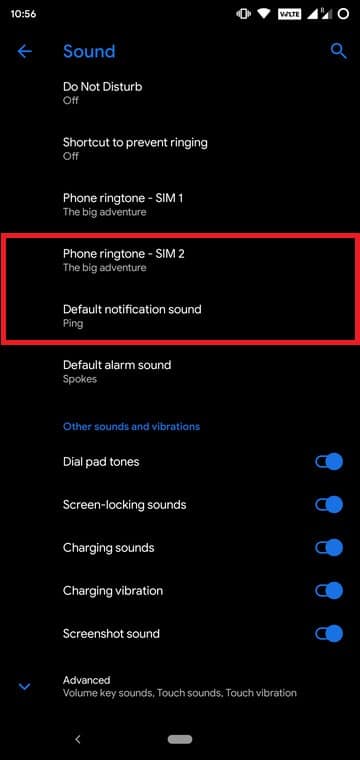 settings ringtone option