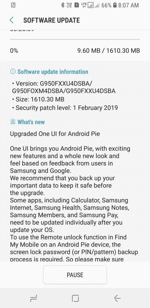 Galaxy S8 Plus Android Pie update