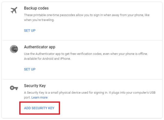 add security key google 2-step verification