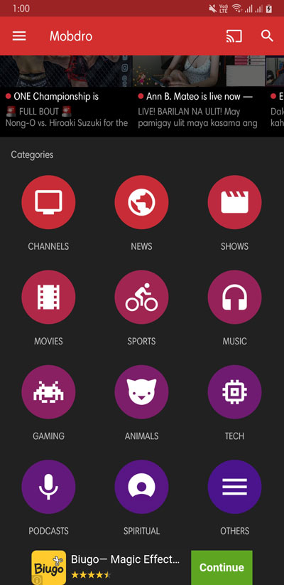 mobdro video categories