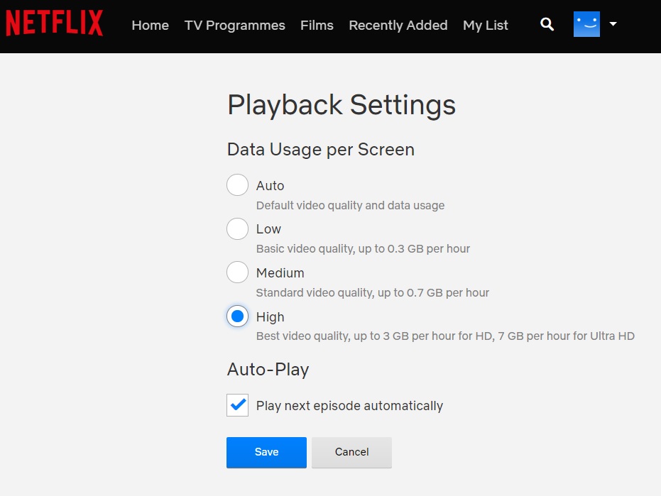 Netflix video streaming settings