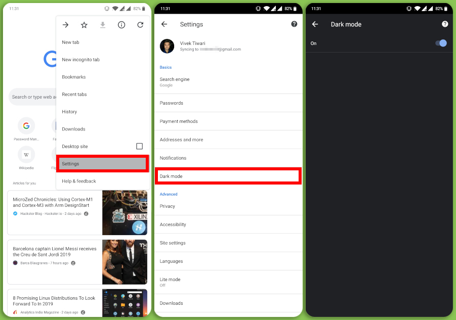Dark mode settings in Chrome for Android