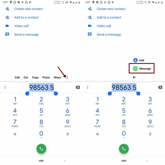 send whatsapp shortcut in dialer