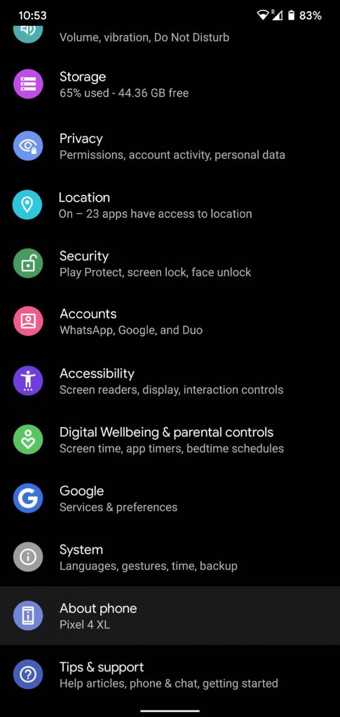 Pixel 4 settings
