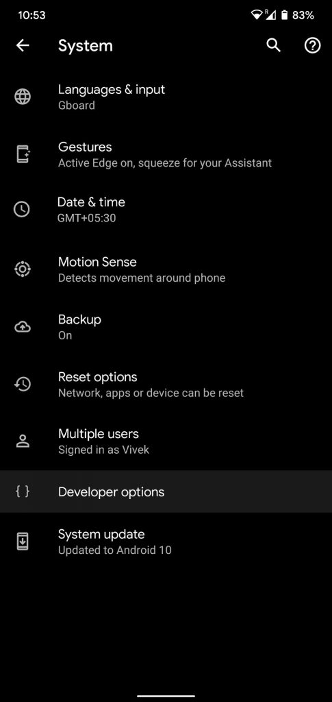 Pixel 4 developer options
