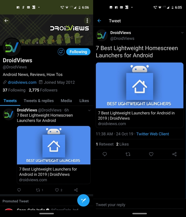 dark mode droidviews twitter page