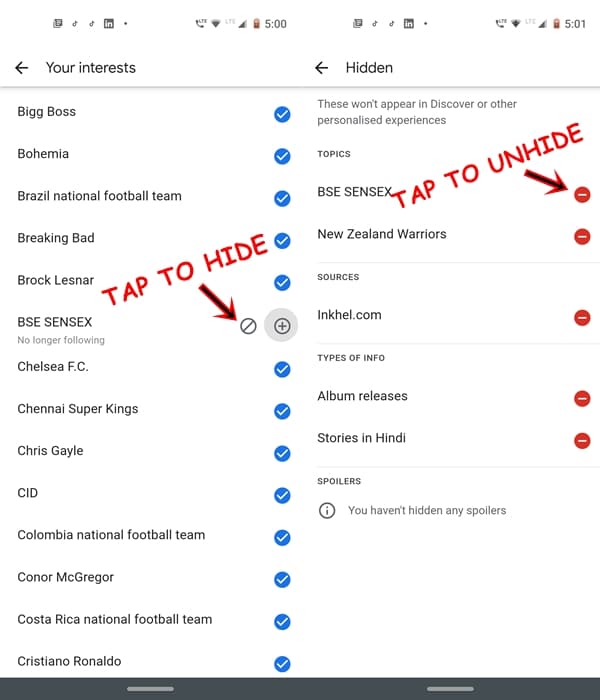 Google Discover settings