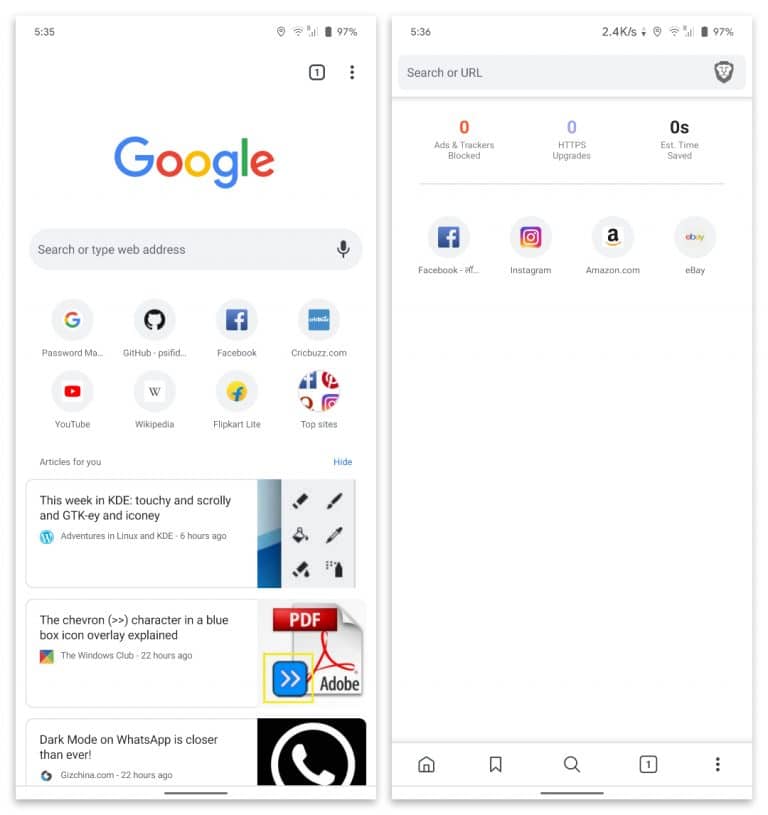 Brave Browser vs Google Chrome interface android