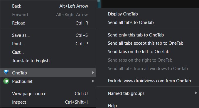 onetab right click options