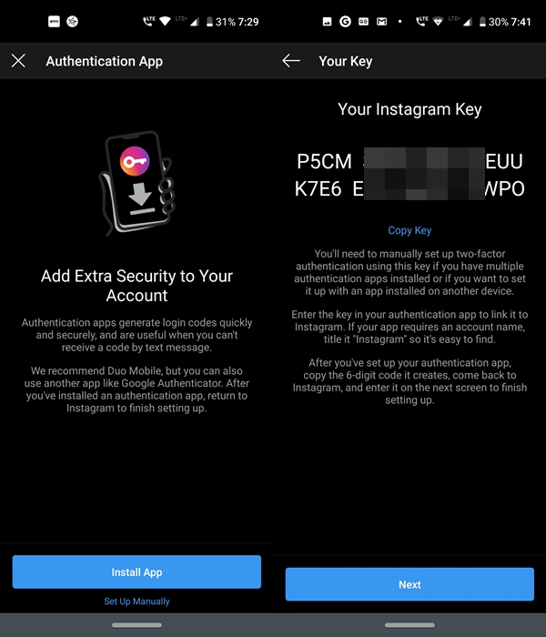 instagram authentication key