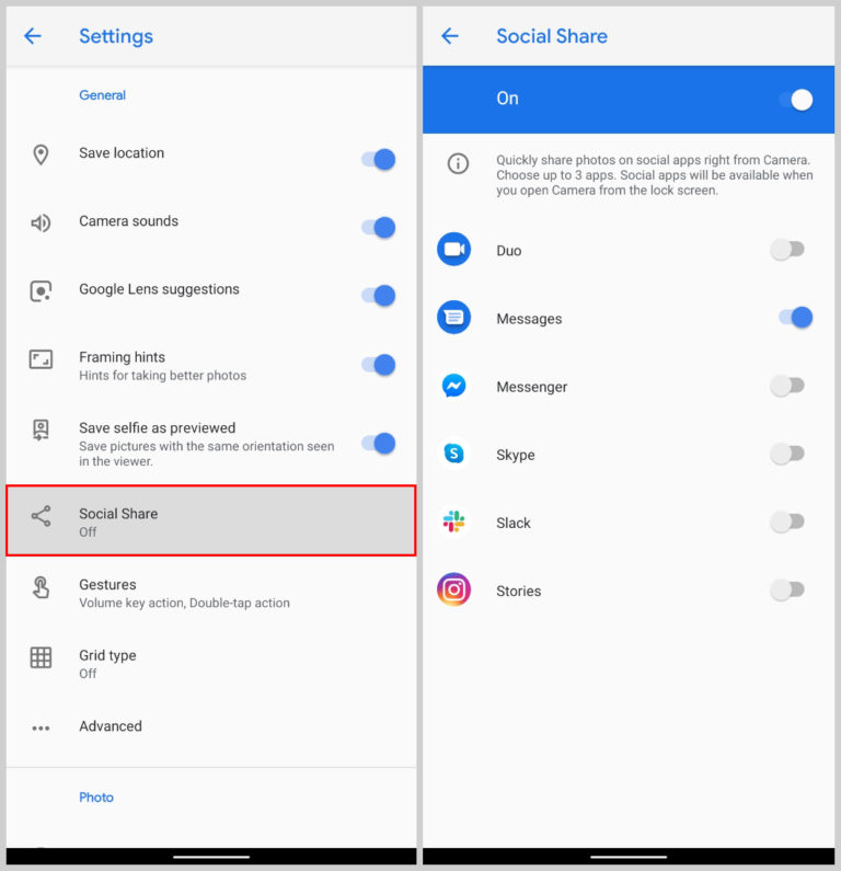 Enable Social share in Google Camera