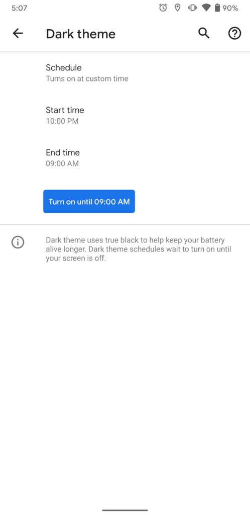 Android 11 custom dark mode schedule