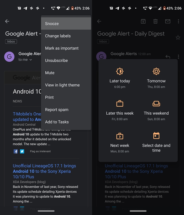turn on gmail snooze feature