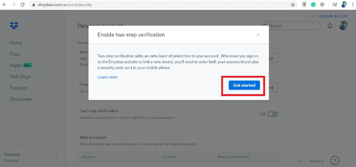Two Factor Authentication Get Started Dropbox
