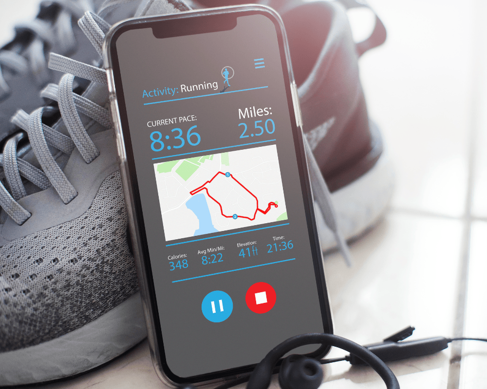 Graphic of a running app on a phone leaning on a running shoe.