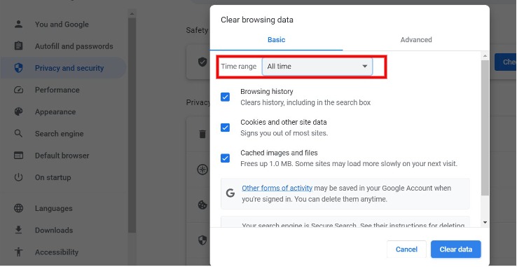 Clearing data in chrome 
