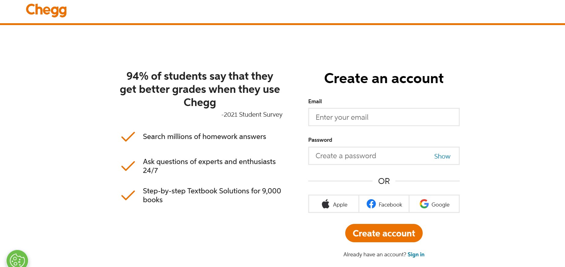 Creating an account on Chegg