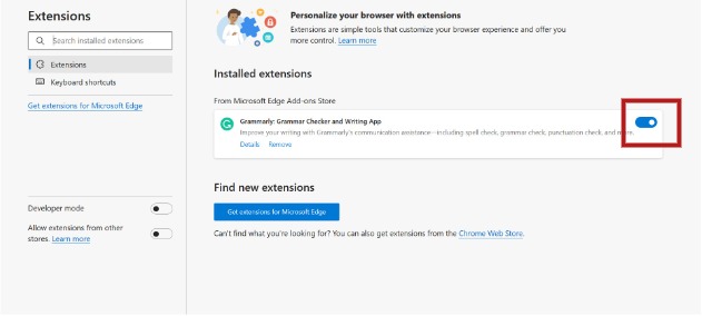 Removing extensions in Microsoft edge