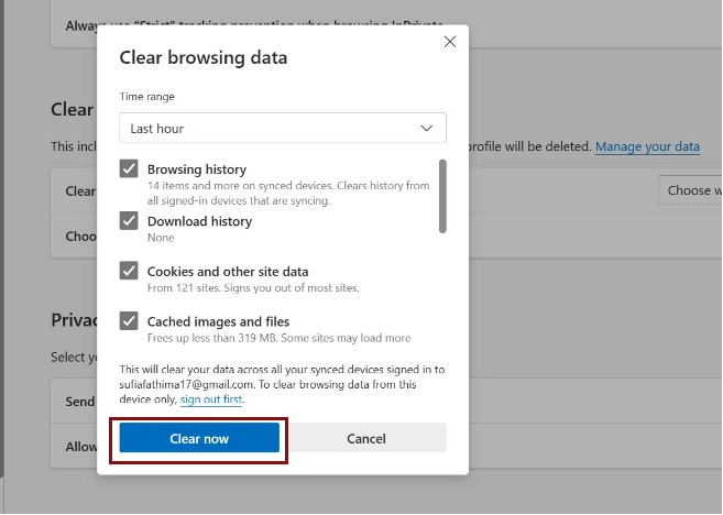 Clear browsing data in MS Edge