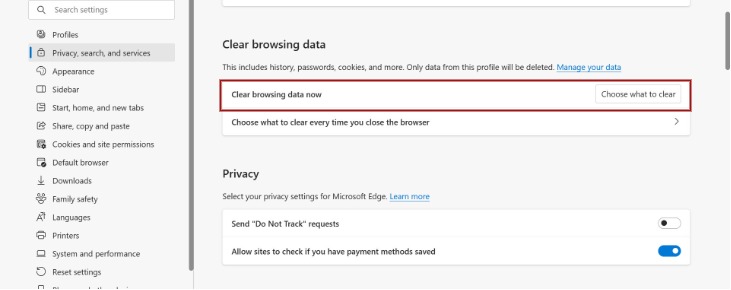 Clearing browsing data on Microsoft Edge