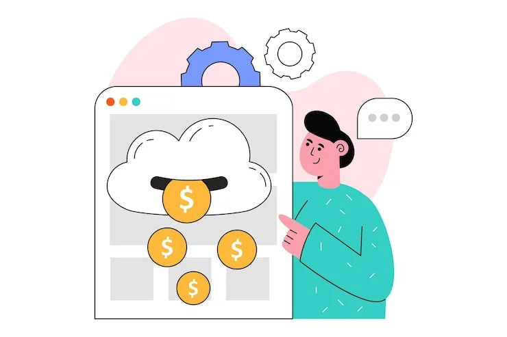 A cartoon of a woman pointing to a large tablet with clouds on the screen.