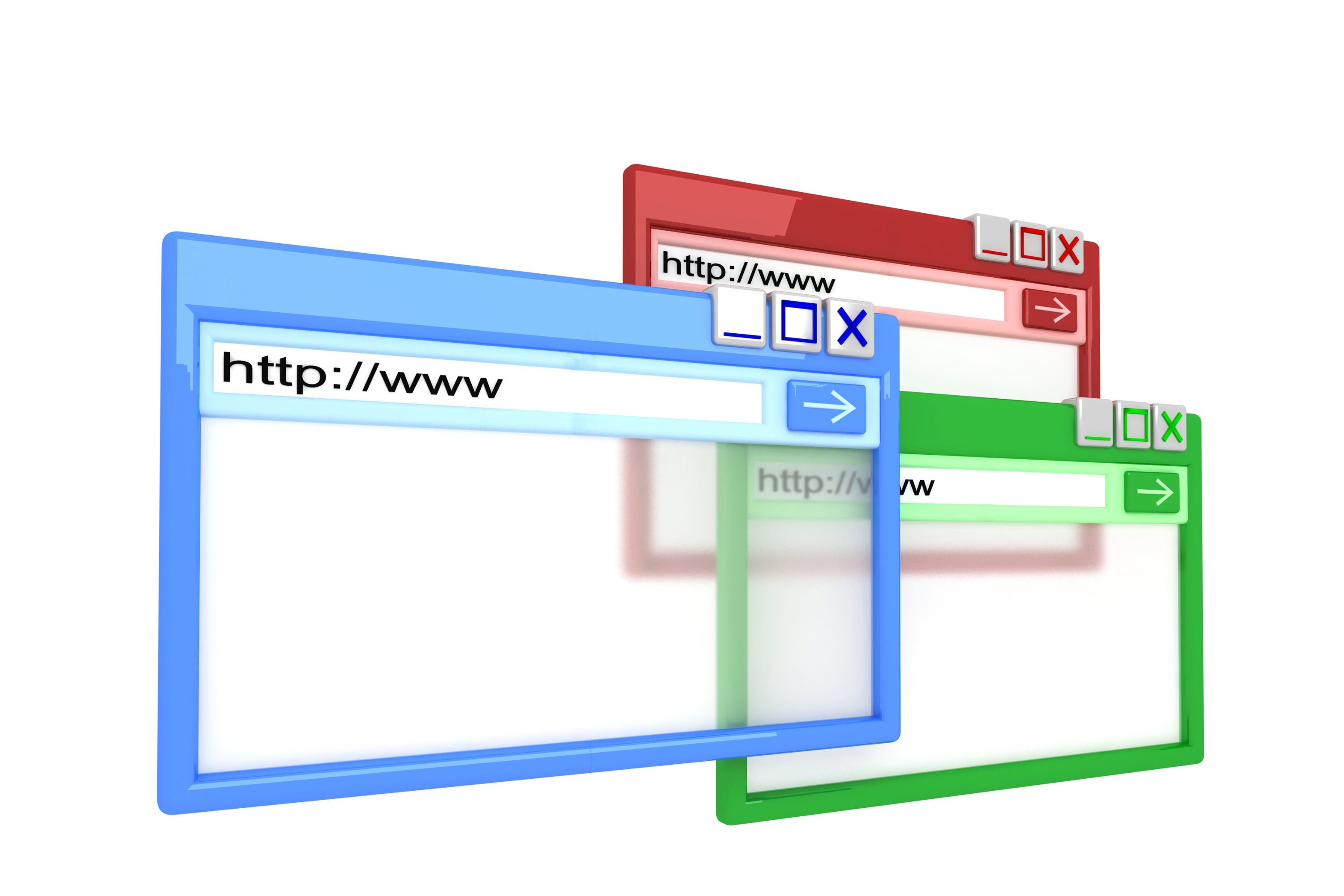 Three browser windows of different colors.