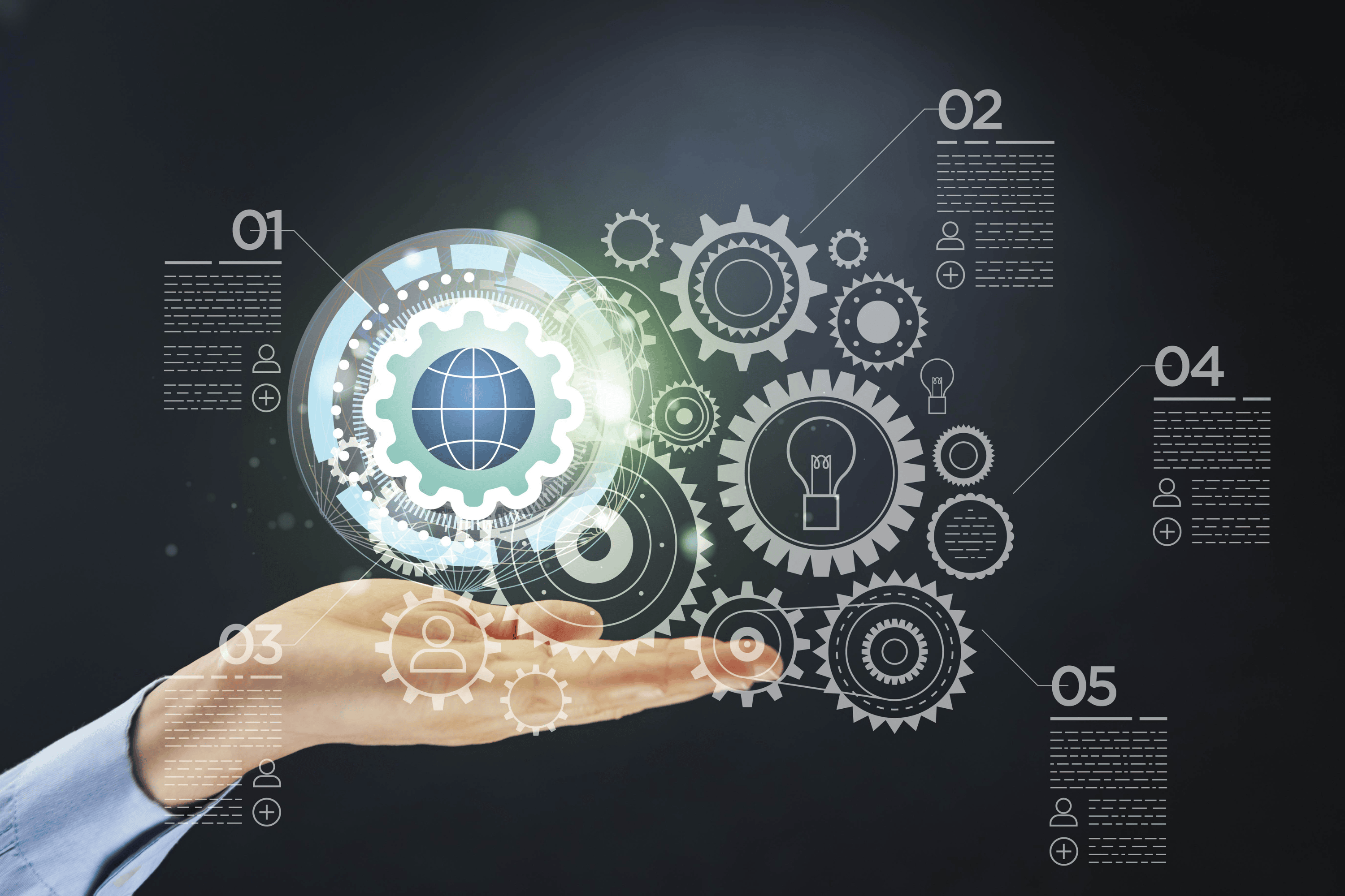 An open palm holding up virtual cogs to represent web development