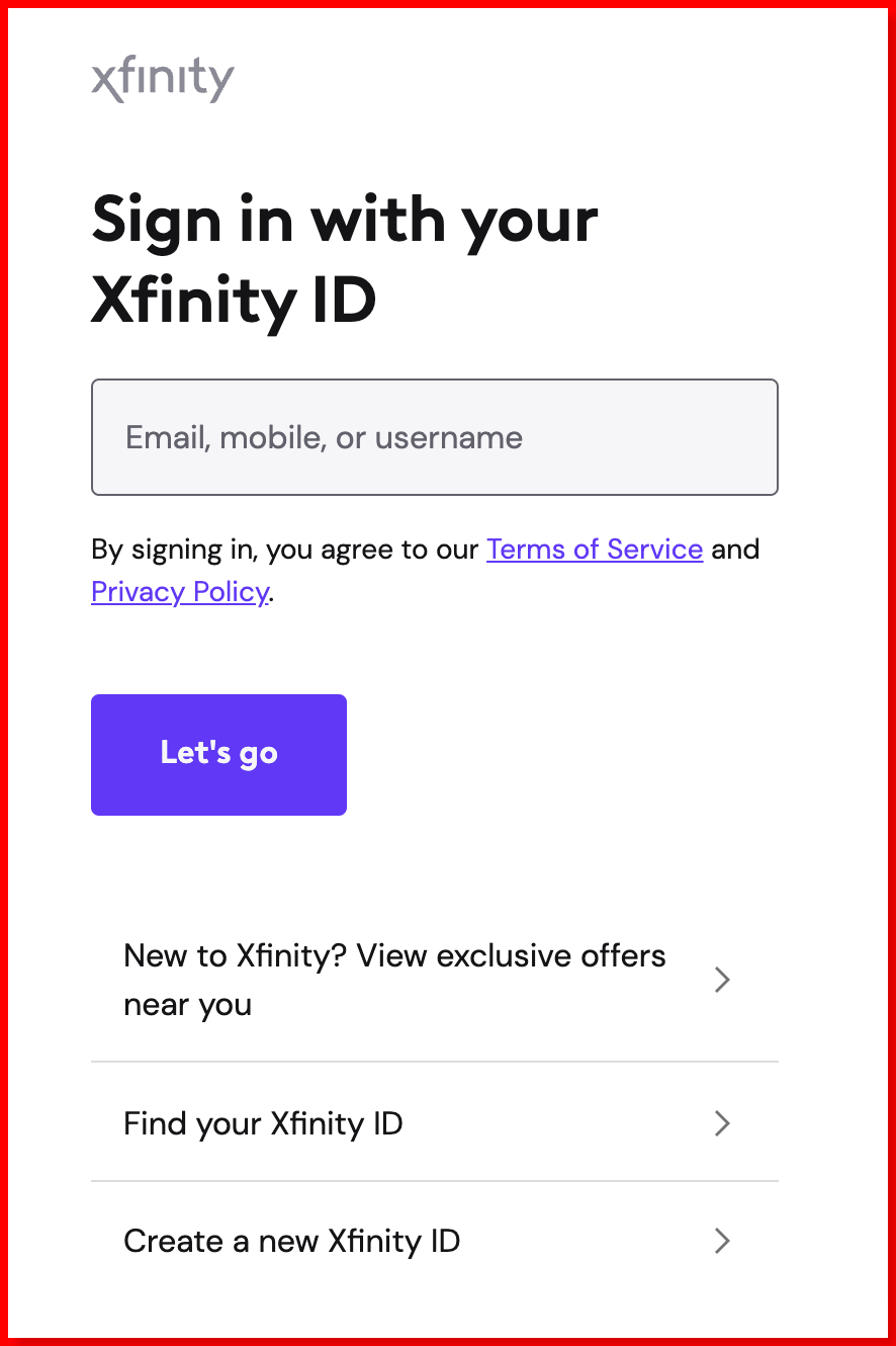 XFinity sign in page
