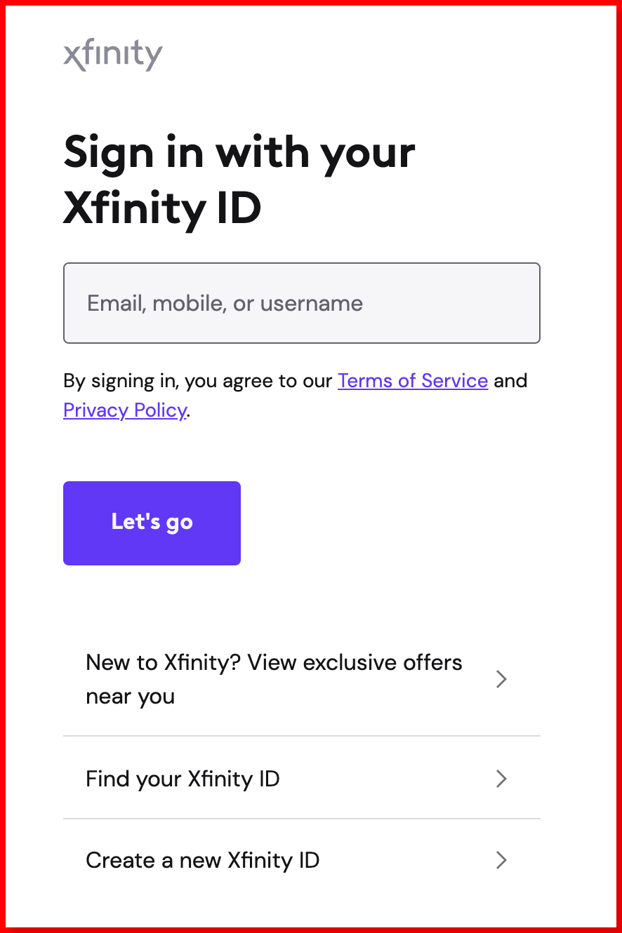 Xfinity Sign on page