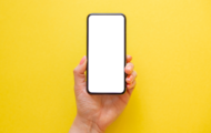 hand holding a phone with a blank, white screen on a yellow background.