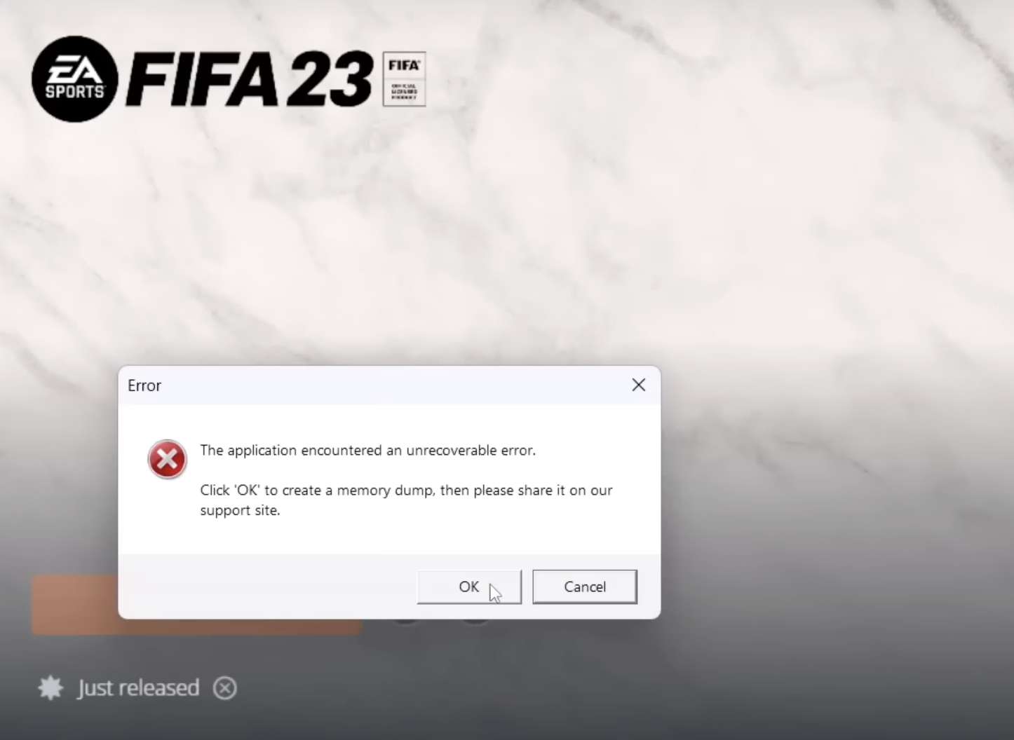 FIFA 23 application encountered an unrecoverable error