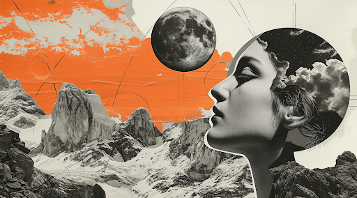 A Woman's Face With A Picture Of The Moon And Mountains.
