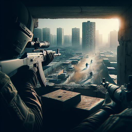 A man holding a gun while peering through a window in a video game.