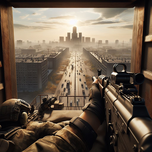 A man with a firearm observing through a window.