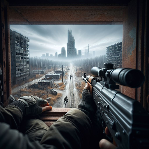 An armed man gazing out a window in a video game.