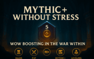 Promotional graphic for a WoW boosting service, featuring "Mythic+ Without Stress" and icons for Raids, PvP, Mythic+, and Leveling.