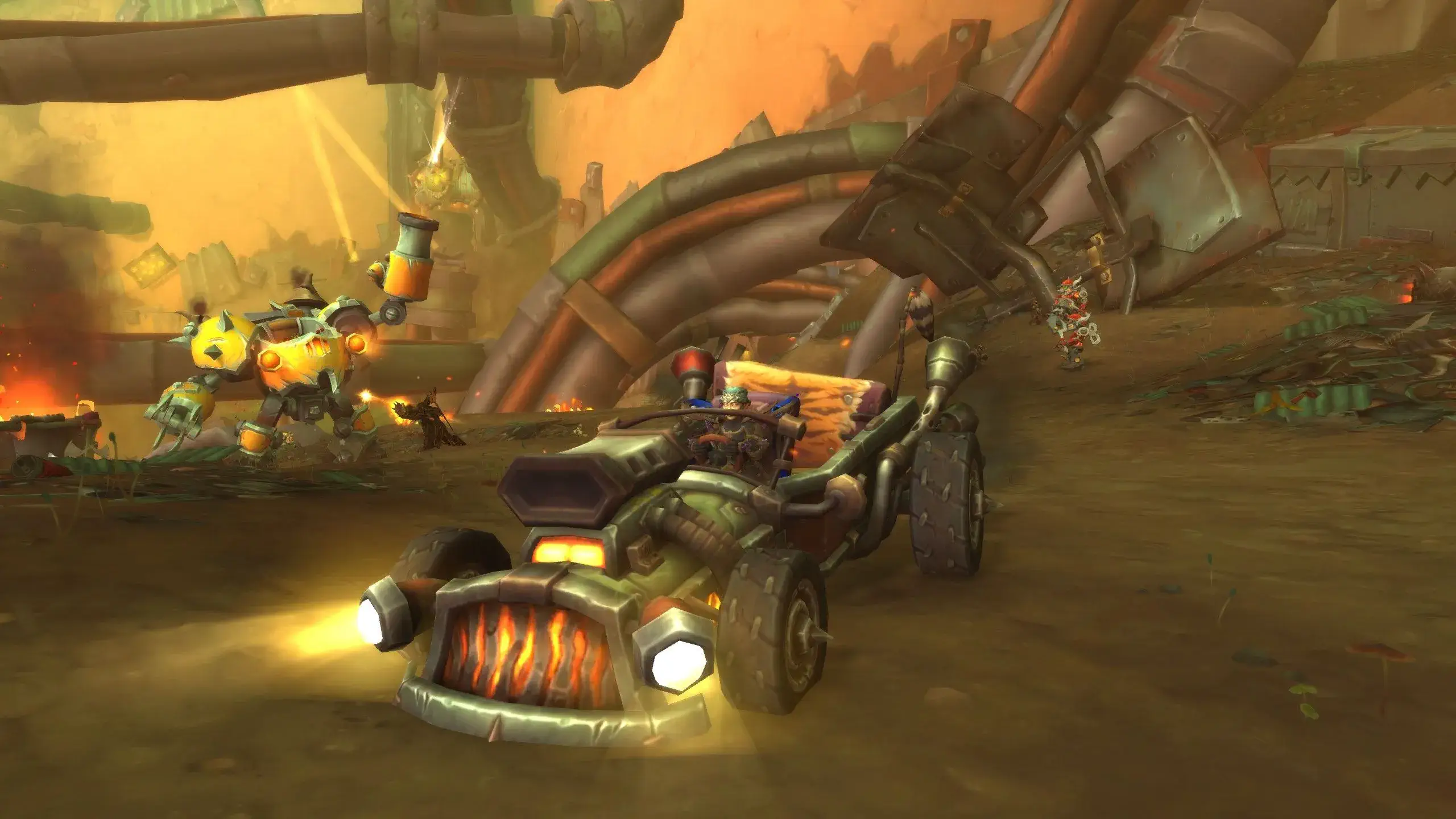 A junkyard scene featuring a mechanical vehicle with glowing headlights and a driver, surrounded by robots and debris in a dystopian landscape.
