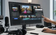A person edits video on a large monitor featuring an AI assistant, surrounded by cameras and audio equipment in a modern workspace.