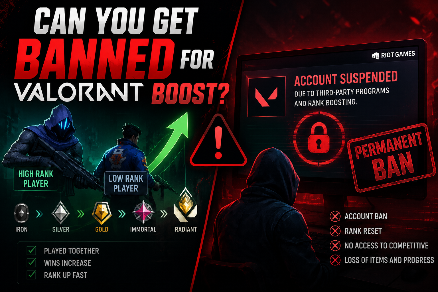 Illustration of Valorant rank boosting versus account bans, showing rank progression on one side and a suspended gaming account warning on the other.