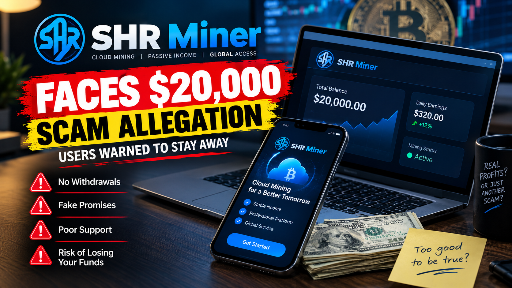SHR Miner scam alert graphic warning users about $20,000 scam allegations, featuring a crypto-mining dashboard on a laptop and smartphone, cash, and warnings about failed withdrawals, fake promises, poor support, and potential loss of funds.