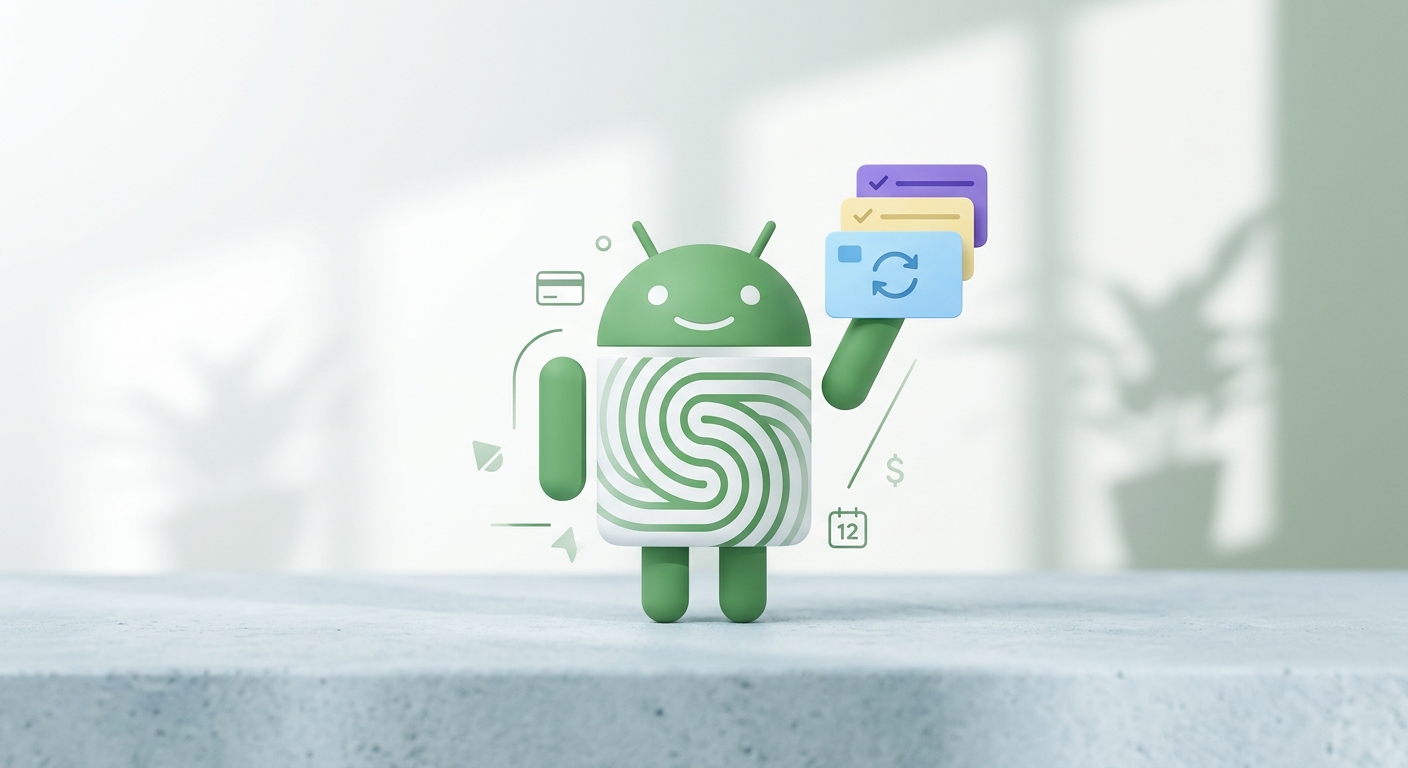 Android holding various subscription cards to signify android subscriptions.