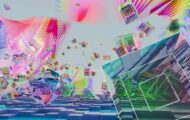 Colorful abstract 3D artwork featuring floating geometric shapes, translucent cubes, and vibrant neon patterns